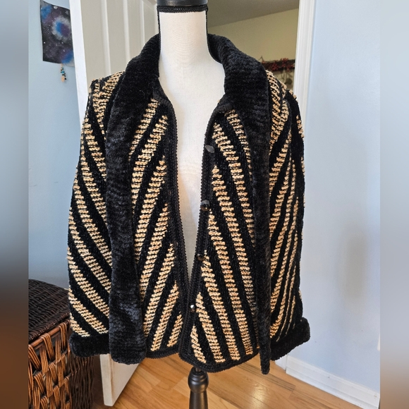 Vintage Givenchy boutique wool cardigan sweater black & tan chevron - Picture 1 of 12